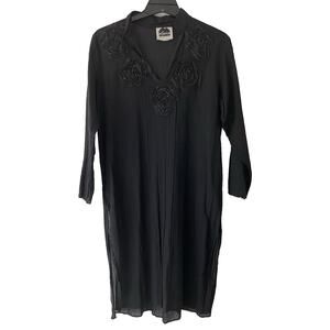 Black Sheer Cotton Rosette Tunic Dress Lagenlook Resort Wear Gauze Beaded M